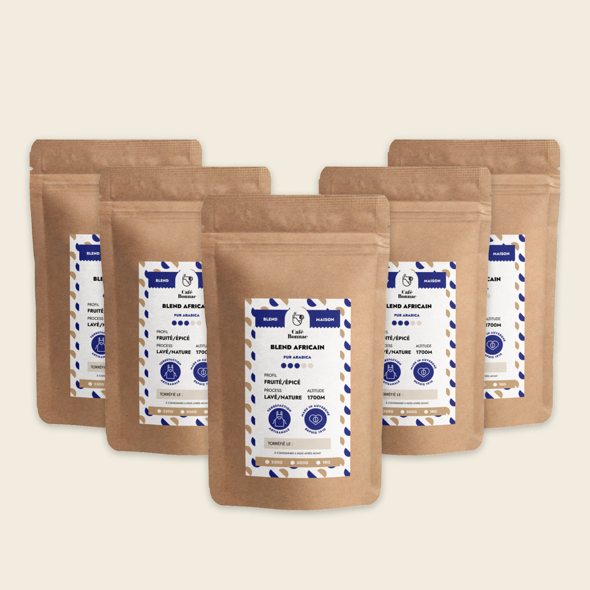5 paquets de café en grains Blend Africain de Café Bonnac, conditionnement professionnel de 5 kg.