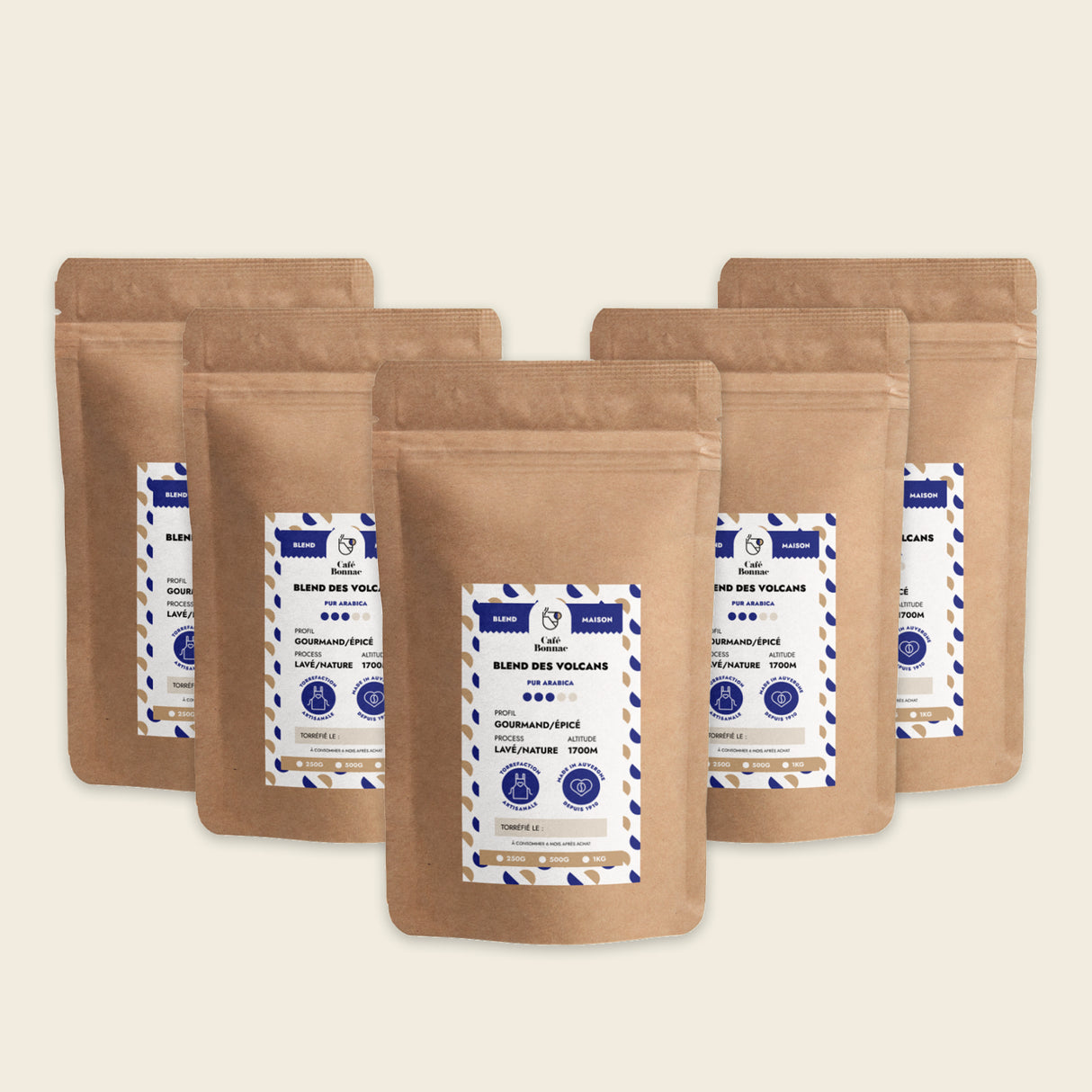 5 paquets de café en grains Blend des Volcans de Café Bonnac, format professionnel de 5 kg.