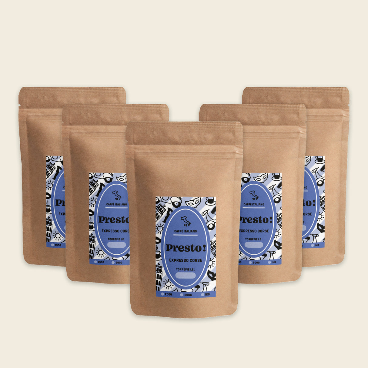 Café Presto Blend Expresso Corsé en grains, mélange Arabica Robusta, format professionnel 5 kg.