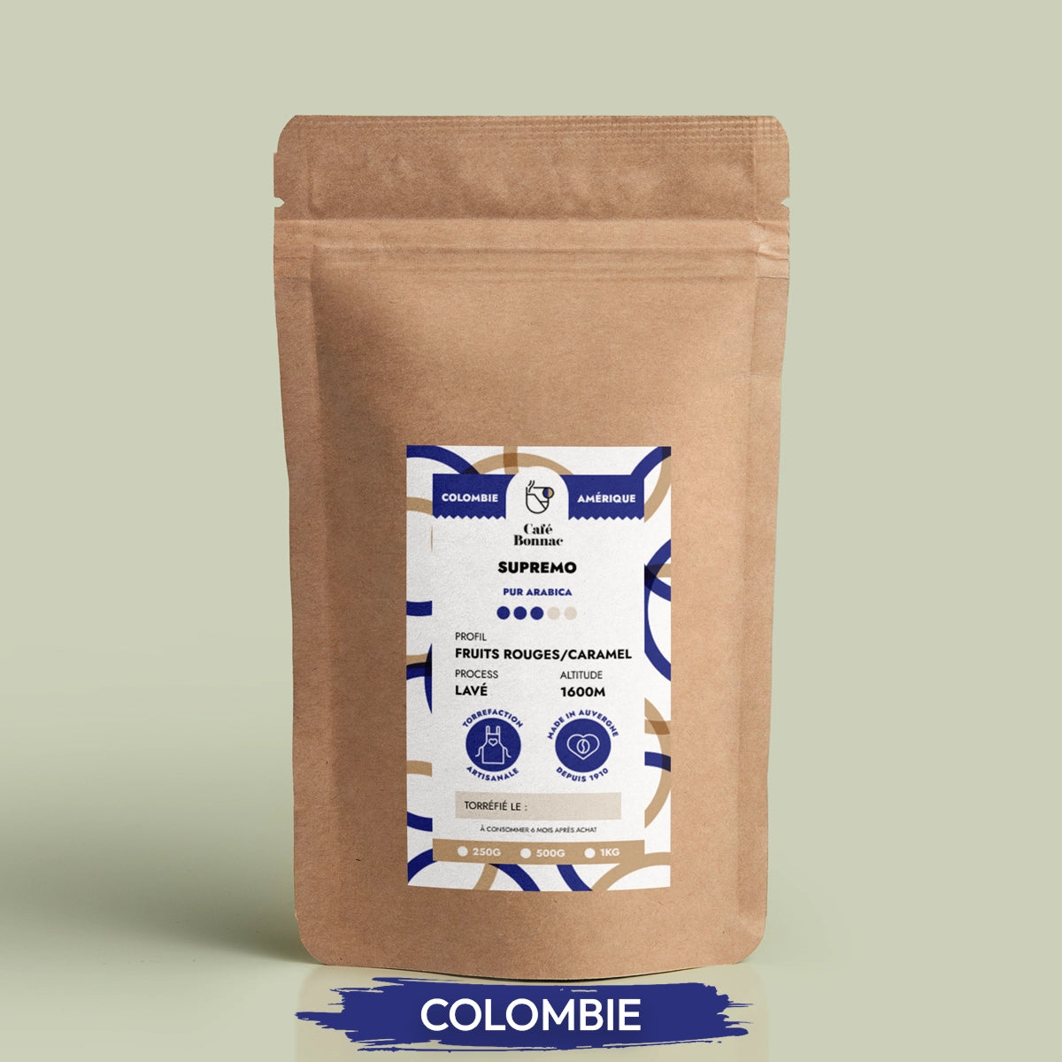 Sachet café moulu Colombie Supremo Café Bonnac 250g, arabica région Huila