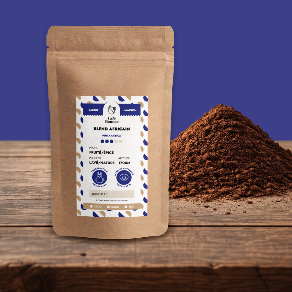 Café moulu Blend Africain de Café Bonnac, 100 % Arabica.