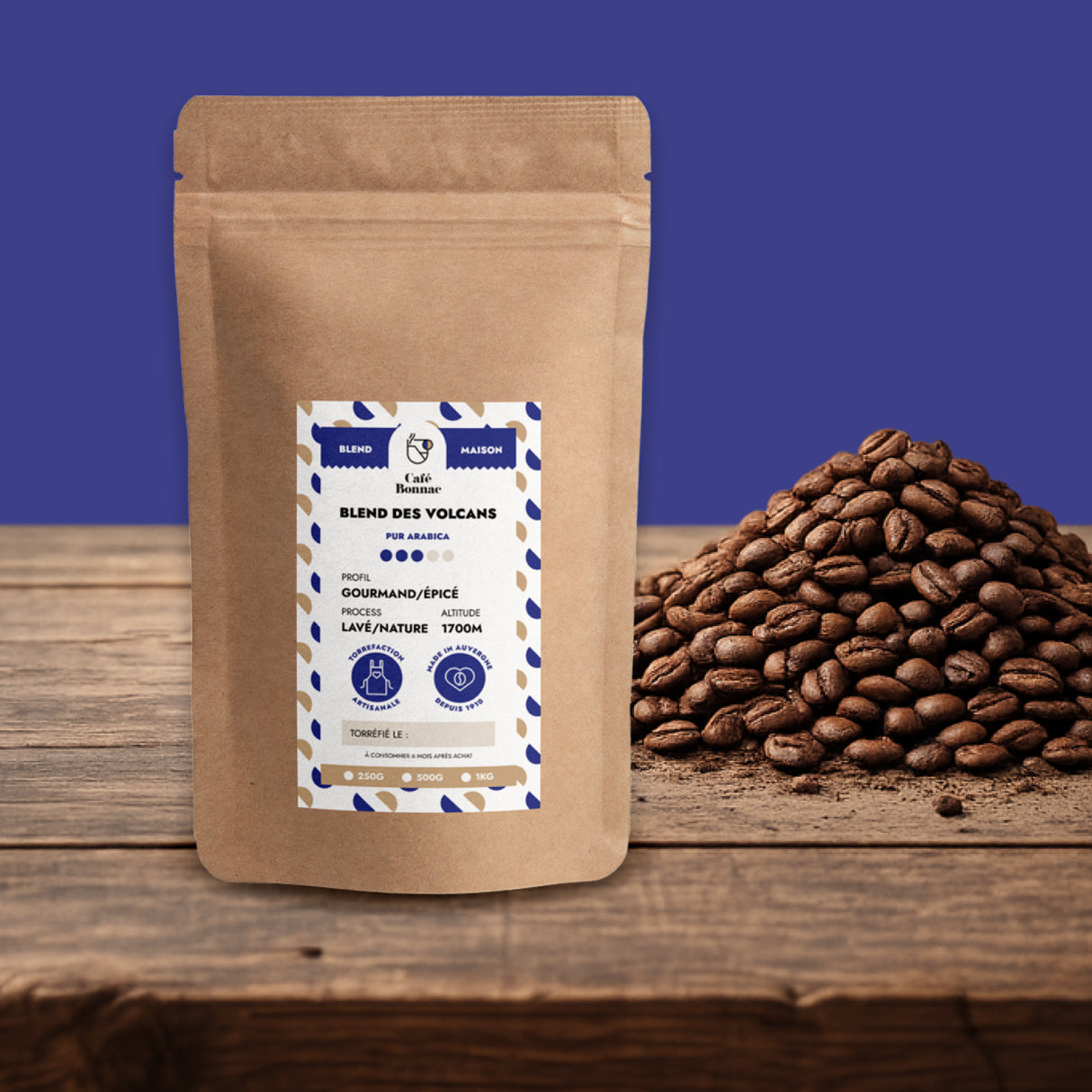 Café en grains Blend des Volcans de Café Bonnac, 100 % Arabica.