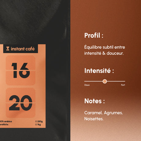 Café en grains 16H20, blend harmonieux 100 % Arabica.