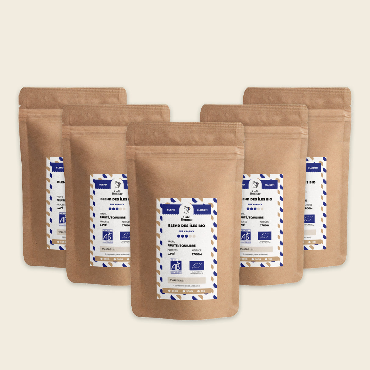 5 paquets de café en grains BIO Blend des Îles, conditionnement professionnel de 5 kg.