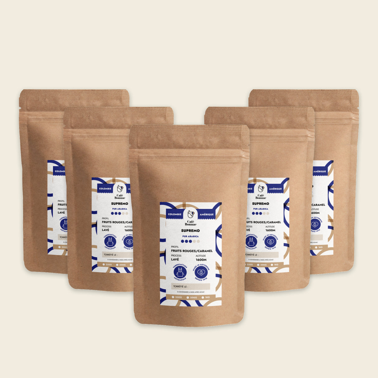 5 paquets de café en grains de Colombie de Café Bonnac, conditionnement professionnel de 5 kg.