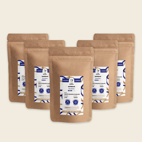 5 paquets de café en grains de Colombie de Café Bonnac, conditionnement professionnel de 5 kg.