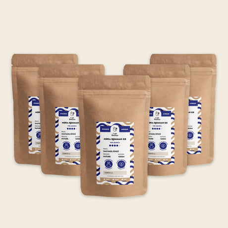 Sachets de café en grains Moka d’Éthiopie de 1 kg, format professionnel de 5 kg.