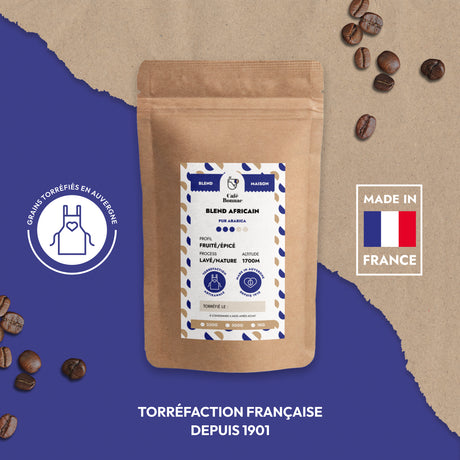 Café Blend Africain moulu aux notes de chocolat, d’épices et de fruits.