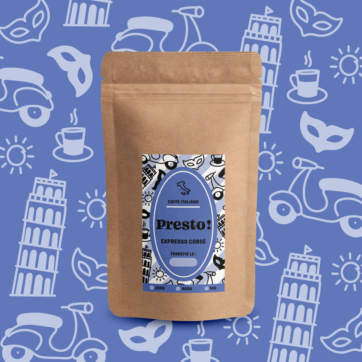 Café Presto Blend Expresso Corsé en grains, mélange Arabica et Robusta.