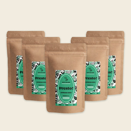Café Presto Blend Expresso Doux en grains ou moulu, format professionnel 5 kg, 100 % Arabica.