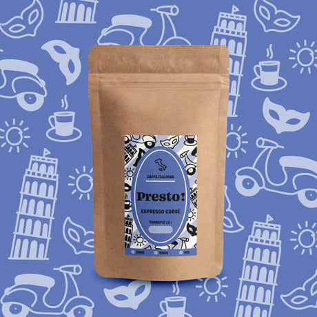 Café Presto Blend Expresso Corsé moulu, mélange Arabica et Robusta.