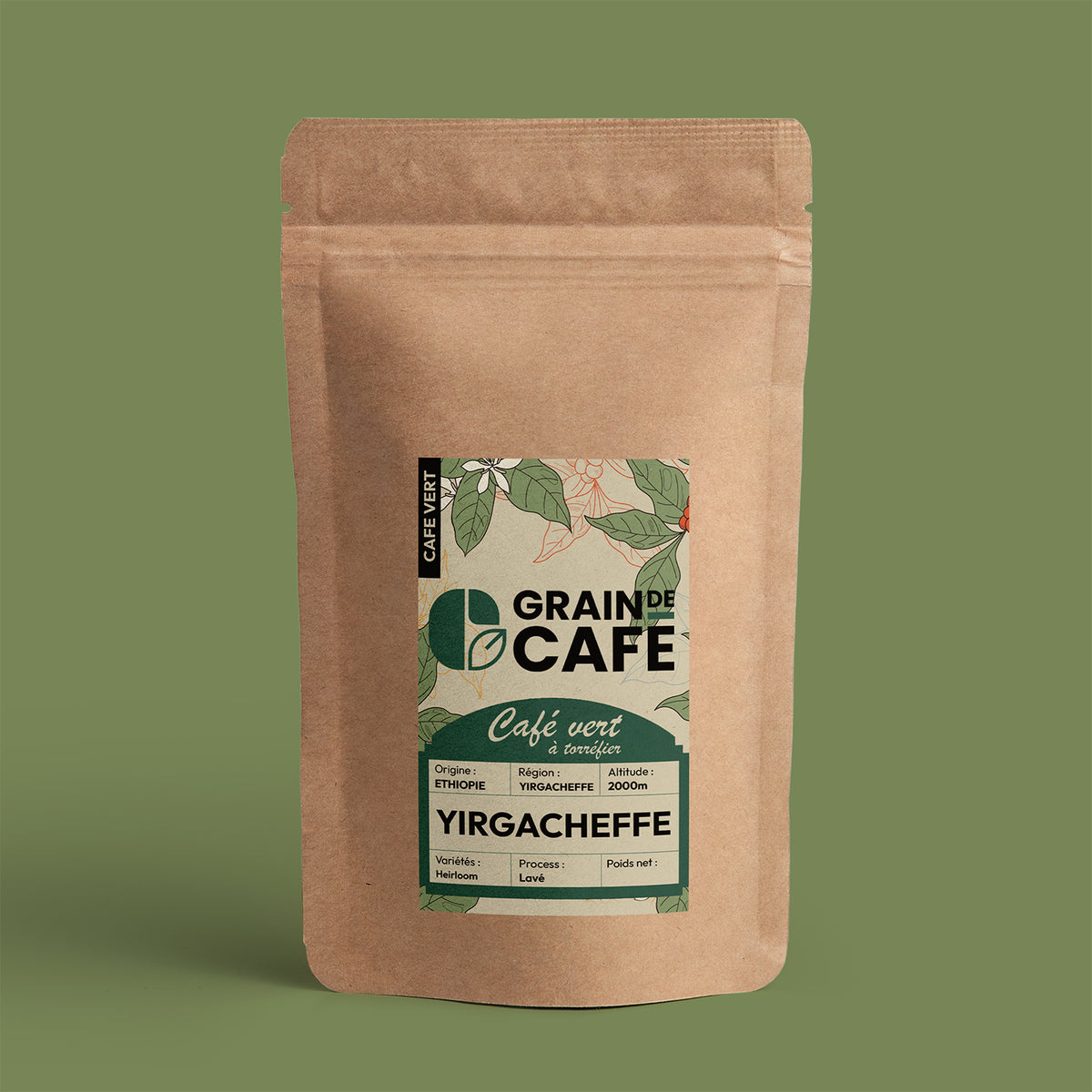 Café vert Éthiopie Moka Yirgacheffe 100 % Arabica, 1 kg