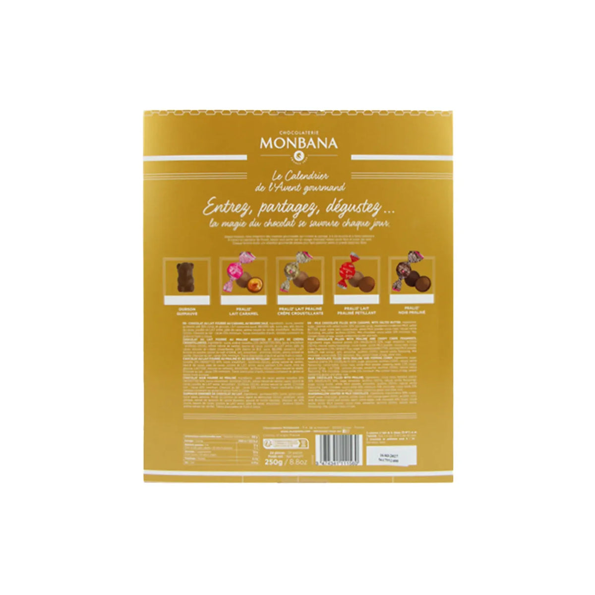 Calendrier Monbana avec 24 fenêtres contenant des chocolats.