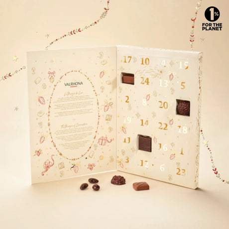 Calendrier Valrhona avec assortiment de chocolats noirs et au lait