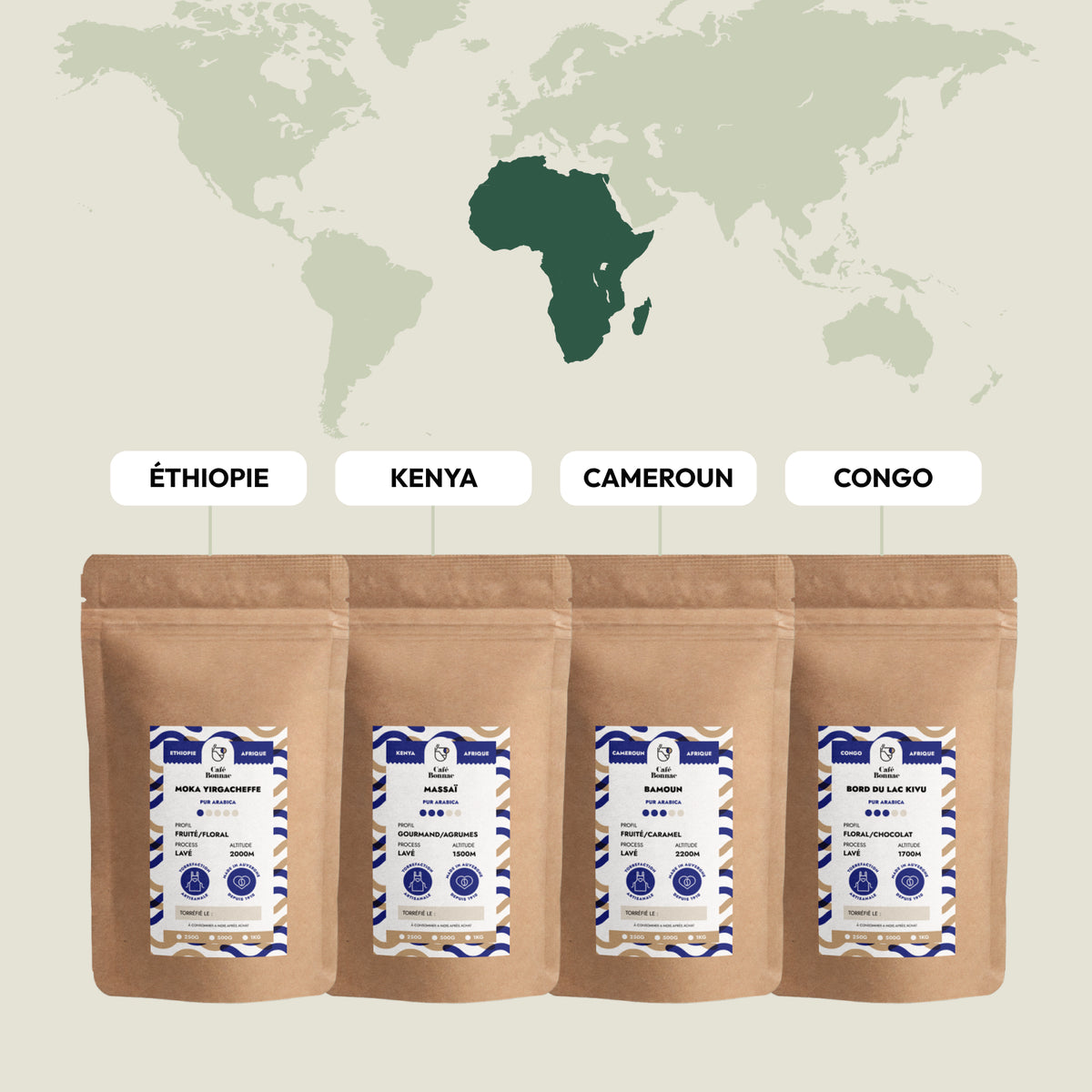Coffret Découverte Cafés d'Afrique avec quatre origines différentes
