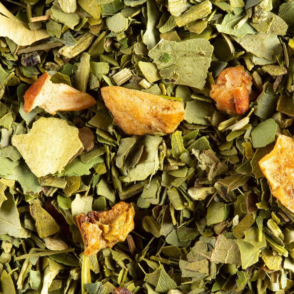 Maté Clémentine Dammann Frères – infusion énergisante aux notes de clémentine, pomme et orange bigarade, idéale pour un boost naturel, frais et fruité.
