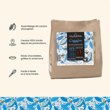 Image technique des fèves de chocolat noir Caraïbe 66% pour pâtisserie de Valrhona, sachet professionnel de 1 kg.