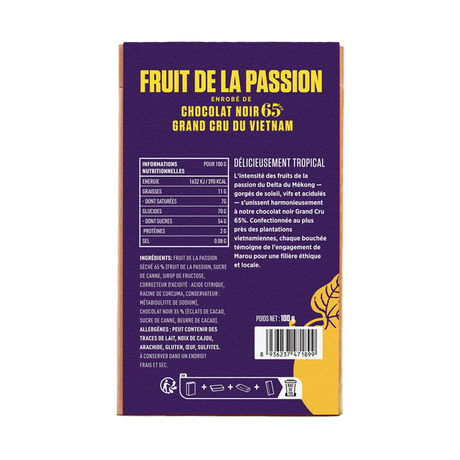 Fruit de la passion séché au chocolat noir 65% Marou – snack premium aux saveurs acidulées et cacao intense