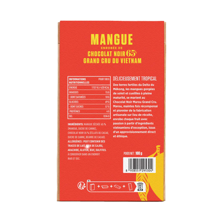 Mangue séchée au chocolat noir 65% Marou – snack premium aux saveurs fruitées et chocolatées