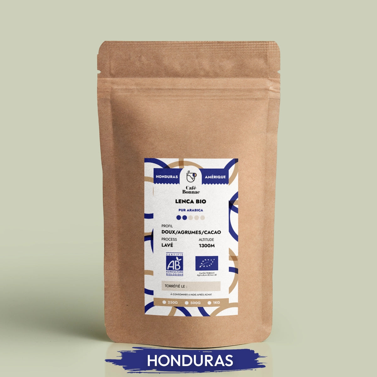 sachet café moulu bio Honduras Lenca Café Bonnac 250g, arabica récolté à la main